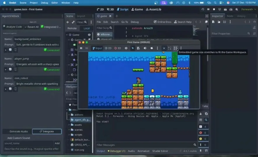 The AgentSFX dock in Godot listing generated sounds, next to the running platformer game